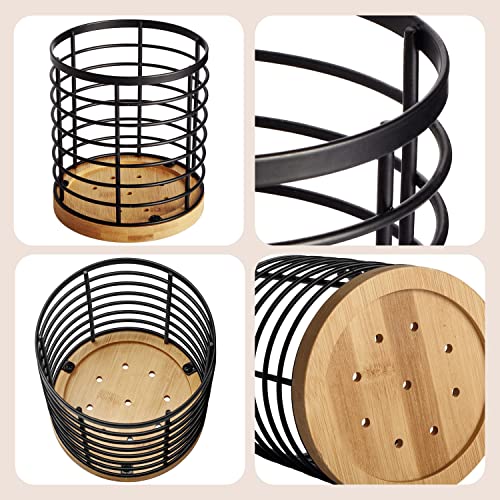 Utensil holder for Kitchen Counter - 5.2" x 5.2" x 6" Large Round with Wooden Base Matte Black Cooking Utensil Holder Utensil Organizer (Metal+Bamboo) - view 3