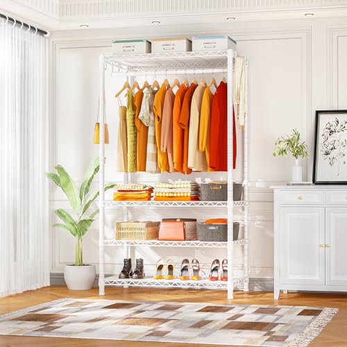 H4 Portable Closets, 4-Tier Metal Clothes Garment Rack for Bedroom and Cloakroom, Clothing Closet Storage and Organizer Wardrobe, 35.4" W x 14" D x 76.4" H, White - view 2