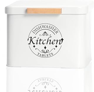 Dishwasher Pod Container with Hinged Lid. Farmhouse Metal Dishwaser Pods Holder for Kitchen Cabinet Organizer. Modern Kitchen Decor and Accessories. Dishwasher Detergent Tablet Storage(Cream)