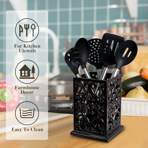Cast Iron Utensil Holder, Large Kitchen Crock Vine Latte Gold - view 6