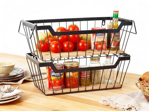 Metal Wire Basket with Handles Storage Organizer Stackable Organizing bins for Cabinet Shelf Countertop Under Sink Pantry for Kitchen,Bathroom,Laundry Closet,Set of 2pcs - view 2