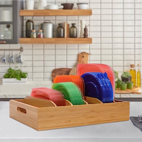 Bamboo Lid Holder Food Container, Kitchen Organizer with 5 Adjustable Dividers, Cabinet Organizer for Food, Kitchen Gadget, Container Lids (2pcs) - view 6