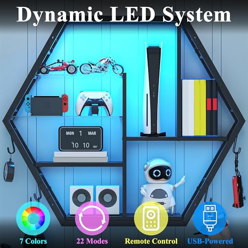 39" Wide LED Gaming Floating Shelves, 5 Tier Wall Mounted Shelves with 2 Removable Glass Shelves, Coffee Bar Rack with 8 Hooks, Display Rack for Wall Storage for Gaming Room, Black - view 4