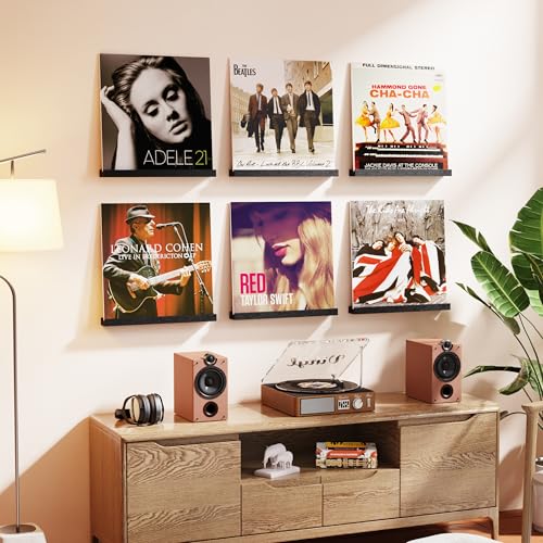 Vinyl Record Shelf Wall Mount, 6 Pack Album Record Holder Wall, 12 inch Vinyl Record Storage Shelves Wall, Wood Record Display for Living Room(Black) - view 2