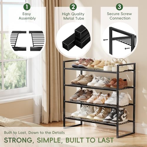 Heavy Duty 4 Tier Shoe Rack, 27 Inch Wide Closet Metal Wire Shoe Shelf Organizer for Entryway, Black - view 4