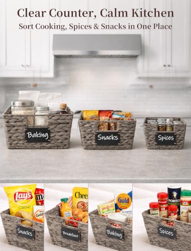 Pantry Baskets, 3 Pack Wicker Storage Baskets for Shelves, Gray - view 3