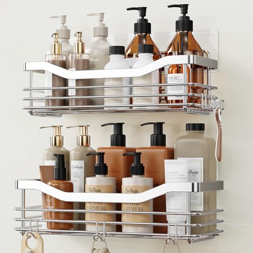 Shower Caddy Basket Shelf Storage Rack Pack of 2, No Drilling Wall Mounted Adhesive Rust Resistant Stainless Steel Shower Organizer with 5 Hooks for Bathroom, Toilet, Kitchen
