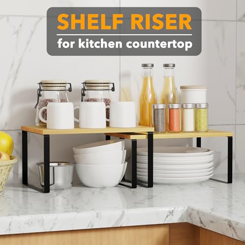 Cabinet Shelf Organizers 2 Pack, Kitchen Counter Rack Shelves Riser, Stackable Expandable Spice Rack, Pantry Cupboard Storage Organization (Black and Natural, Short) - view 4