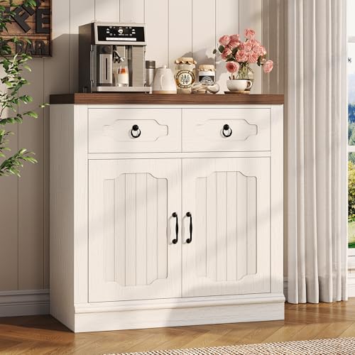 Buffet Cabinet with 2 Drawers, 32" Sideboard Buffet Storage Cabinet with Doors and Shelves, Farmhouse Coffee Bar Station Kitchen Cabinet for Dining Room, Living Room, Entryway, White