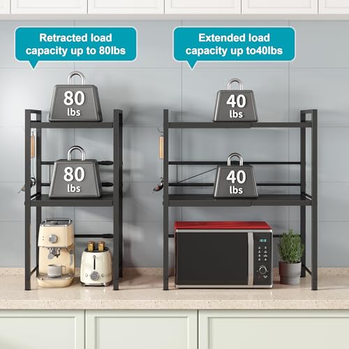 Expandable Microwave Rack, Countertop Kitchen Utensils Tableware Storage, Carbon Steel 3 Tier Shelf with 3 Hooks - view 6