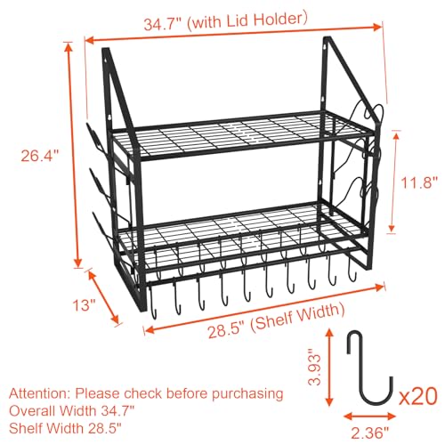 28 Inch Pot Rack Wall Mounted, 2 Tier Pots and Pans Organizer with 20 Hooks and 6 Pot Lid Holders, Heavy Duty Steel Pot and Pan Hanger for Kitchen Cookware Utensils Storage 34.7" Lx13 Wx26.4 H - view 2
