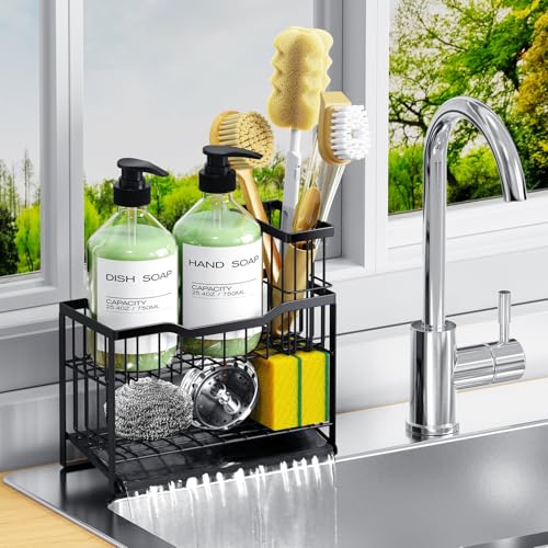 2-Tier Rustproof Sponge Holder for Kitchen Sink, Black