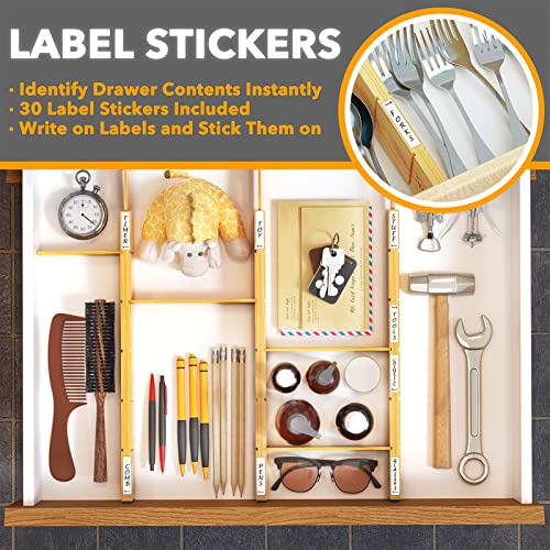 Bamboo Drawer Dividers with Inserts and Labels, Kitchen Adjustable Drawer Organizers, Expandable Organization for Home, Office, Dressers and Bathroom, 8 Dividers with 18 Inserts (17-22 in) - view 4