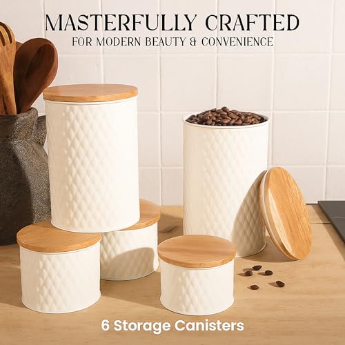 6 Canister Set for the Kitchen Countertop – Metal Food Storage Canisters with Airtight Lids for Flour, Tea, Crafts, Coffee, & Sugar – Container Set with Modern Wood Lids, White - view 3