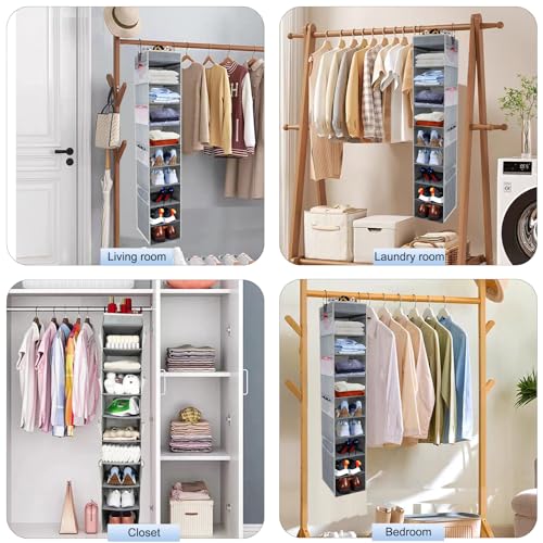 Large-Sized Hanging Shoe Organizer 10-Shelf, Sturdy Hanging Closet Organizer with 8 Side Pockets, Wider Hanging Shelves for Storage Shoes Clothes Jeans Shirts Toys, Grey - view 6