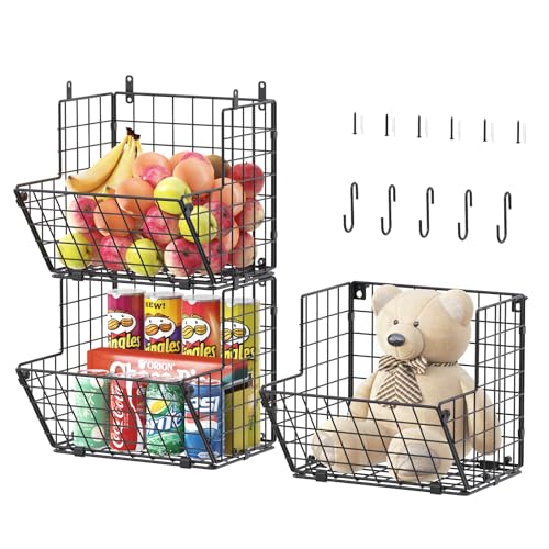 Metal Wire Basket Wall Mount, 3 Tier Wall Storage Organizer with 5 S Hooks, Kitchen Fruits and Vegetables Bin Toys Organizer Hanging Basket Black (S (10.83" L x 10.63" W x 30" H))