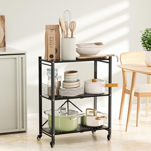 Folding Storage Shelves No Assembly, 3 Tier Metal Foldable Shelves with Wheels, Collapsible Rolling Storage Rack for Laundry Room Garage Small Spaces, Black - view 6