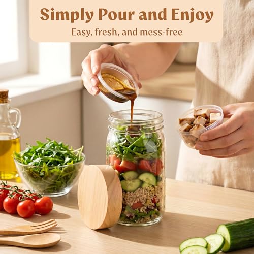 Glass Salad Jars with Oak Lids, 4 Pack 32oz for Meal Prep - view 3