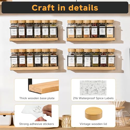 4-Tier Wall Mount Spice Rack Organizer with 24 Glass Jars, 216 Labels & Funnel - Screw/Adhesive Mount, Black Metal & Bamboo Spice Storage for Kitchen Pantry Cabinet, 11.6”W x 2.4”D x 3.2”H - view 3