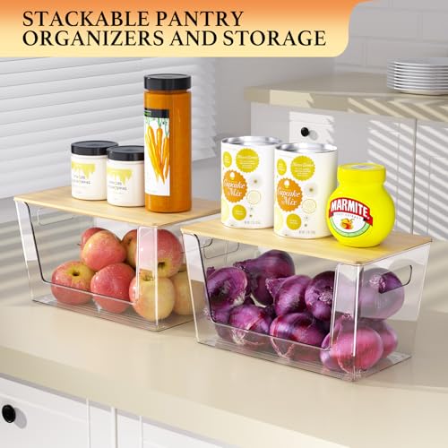 6 Pack Clear Stackable Storage Bins with Bamboo Lids, Trash Bag Holder Dispenser Under Sink Organizer for 4-13 Gal Bags, Plastic Storage Containers for Pantry Bathroom Kitchen Organization - view 4