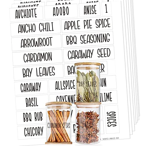 145 Spice Jar Labels for Jars Bottles, Preprinted Black Script Text On White Clear Vinyl Sticker,Storage Rack Systems for Kitchen Spice Jars Vinyl Organization Storage (Water Resistant)