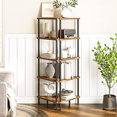 Corner Shelf Stand, Industrial 5-Tier Corner Bookshelf with Metal Frame, Plant Display Shelf, Small Bookcase for Small Spaces, Bedroom, Living Room, Rustic Brown BF33CJ01 - view 4
