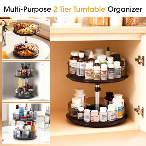 2 Tier Medicine Cabinet Organizer, Rotary Turntable Organizer for Medicine and Vitamin Bottles, Under Sink Organizer for Medicine, Bathroom Cabinet Storage, Tray has Removable Dividers, Easy Assembly - view 7