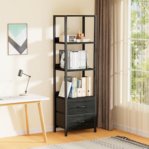 4 Tier Corner Shelf,Black Narrow Bookshelf with 2 Storage Drawers - view 2