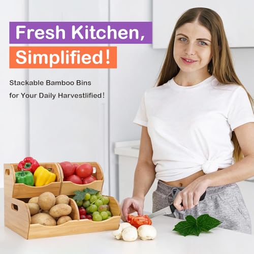 Stackable Bamboo Pantry Organizer - 3-Piece Storage Basket Set for Potato, Onion & Kitchen Cabinet, Tool-Free Assembly, Multi-Size Bins - view 2
