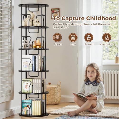 4 Tier Rotating Bookshelf Tower, 360° Display Round Bookcase, Floor Standing Corner Revolving Bookshelf Organizer Storage Rack for Small Spaces, Home Study Office, Black - view 6
