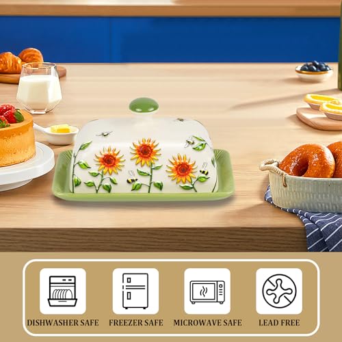 Butter Dish with Lid for Countertop, Sunflower Butter Keeper Holder, 7.5”x4.3” Large Ceramic Butter Tray Storage Sunflower Decor Mother's Day Gifts - view 5