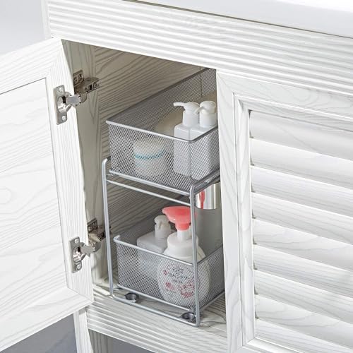 2 Tier Sliding Basket Stackable Cabinet Pull-Out Drawer Mesh Organizer for Kitchen Under Sink Storage (Silver) - view 6