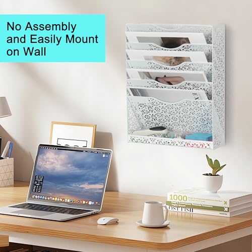 Desk File Organizer Heavy Duty Metal Wall Mount File Holder 5 Tier Mail Paper Folder Holder with Bottom Tray for Office Home Cubicle Countertop, White - view 6