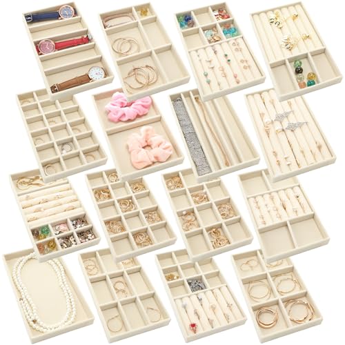 16 Pcs Jewelry Trays, Velvet Stackable Organizers, Beige Beige