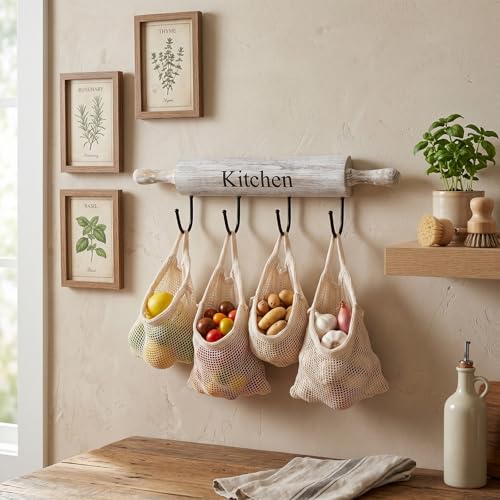 White Washed Wood Kitchen Utensil Rack with 4 Hooks, Wall Mounted - view 4