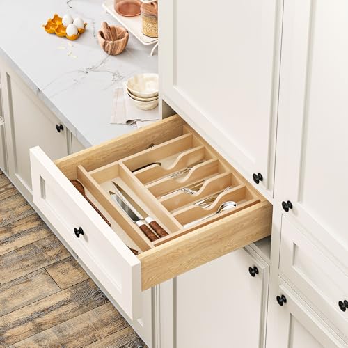 Natural Birch Wood Utensil Drawer Insert Organizer with 9 Compartments, Space-Saving Sturdy Drop-In Cutlery Divider Tray, Kitchen Cabinet Storage for Silverware, Spoons, Forks and Knives - view 5