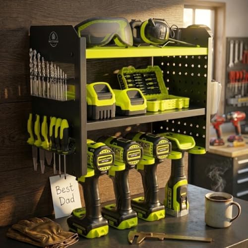 Power Tool Organizer Wall Mount – 3-Tier Heavy-Duty Steel Rack, 4 Drill Slots, Pegboard + Utility Side, 100 lb Capacity – Garage, Workshop & Shed Storage (Green) - view 6
