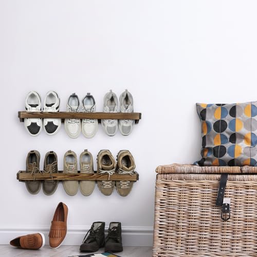 30 Inch Rustic Burnt Wood Hanging Shoe Rack Wall Mounted Storage - view 4