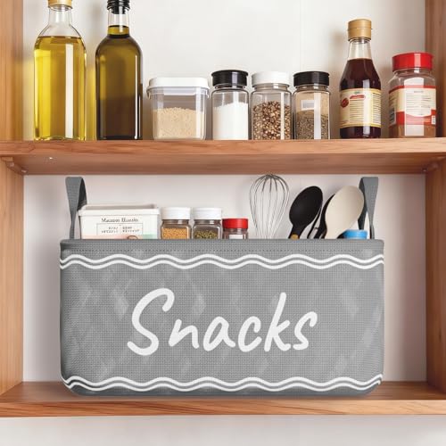 Snack Basket for Pantry & 5 Seal Clips - Snack Bin Organizer for Countertop - Imitation Linen Snack Storage Containers for Storing Chips, Pretzels, Cookies, Popcorn and more (1, Gray) - view 3