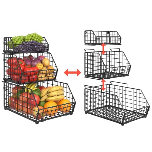3-Tier Fruit Basket for Kitchen Counter, Stackable Wire Baskets Wall, Potato and Onion Storage Bins, Pantry Organizers, Pantry Storge and Storage for Potato, Onion, Produce, Fruit, Vegetable, Snack - view 6