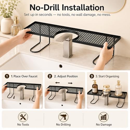 Behind the Faucet Sink Organizer, No-Drill over the bathroom sink shelf Tool-Free Compact Countertop Faucet Organizer Storage Rack Stand Hollowed-Out Bottom Easy Drainage For Kitchen Bathroom (Black) - view 6
