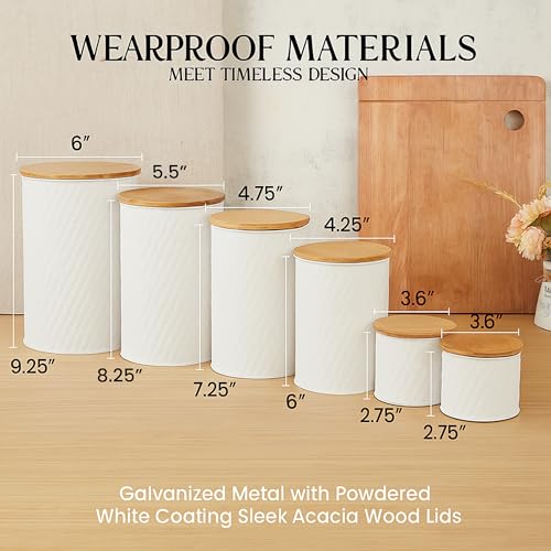 6 Canister Set for the Kitchen Countertop – Metal Food Storage Canisters with Airtight Lids for Flour, Tea, Crafts, Coffee, & Sugar – Container Set with Modern Wood Lids, White - view 2