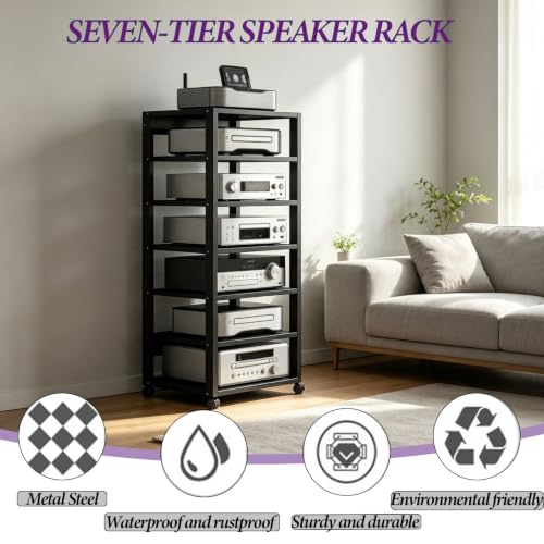 Hi-Fi Rack with Wheels - 7 Shelves Corner TV Stand Sturdy Storage Solution for Home Theater Entertainment System & Media Devices - Modern Design & Easy Mobility - view 3