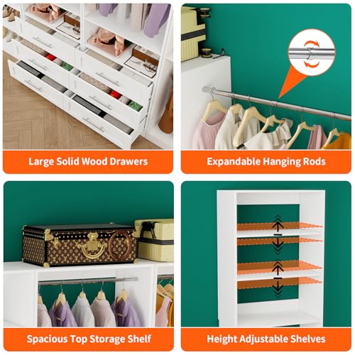 Closet System with 3 Sets, 6-15FT Modular Closet Organizer Systems with 6 Wood Drawers & 6 Shelves Walk in Closet System Tower with 6 Rods, Custom Closet Organizer Kits with Shoe Storage, White - view 3