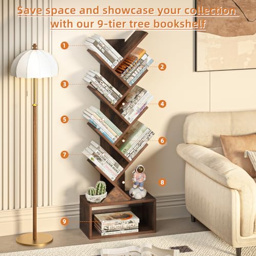 9-Tier Tree Bookshelf Floor Standing Narrow Space Storage Bookcase - view 6