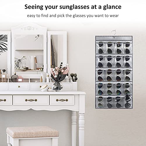 Dual Sided Hanging Sunglasses Organizer Storage Wall Mounted Eyeglasses Holder Eyewear Display Case with 40 Clear Slots (40 Pockets-Grey) - view 3
