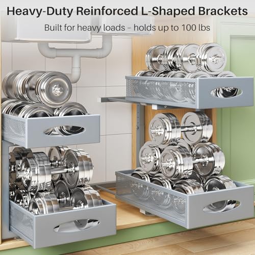 Under Sink Organizer, 2 Pack 2 Tier Pull out Cabinet Organizer Baskets with Mesh Sliding Drawers, Slide out Sink Storage Shelves for Home, Kitchen, Bathroom, Pantry, Office Organizers and Storag,Grey - view 5