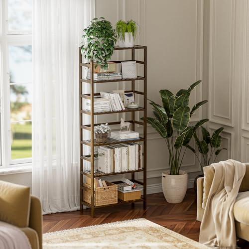 Bookcase, Bamboo Bookshelf, 6-Tier Adjustable Tall Open Book Shelf, Free Standing Storage Shelves Organizer, Flower Plant Display Stand, Walnut - view 2