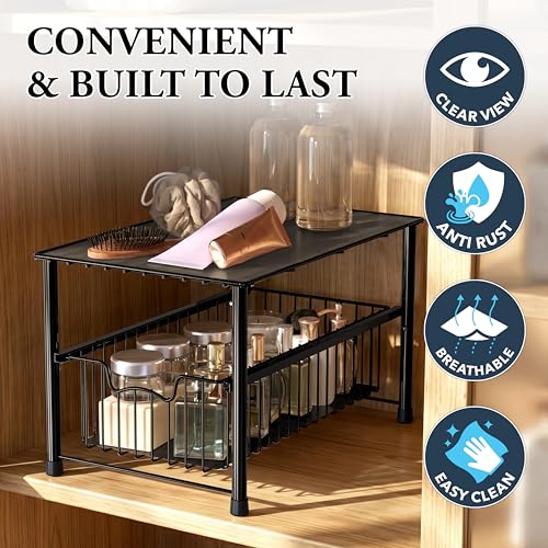 Wired Stackable Under Sink Cabinet Sliding Basket, Black - view 5