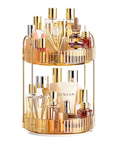 Bathroom Organizer Countertop, Rotating Makeup Organizer for Vanity, 2-Tier Make Up Organizers and Storage, Vanity Tray Shelf for Cosmetic, Skin Care, Lotions (Champagne Gold)
